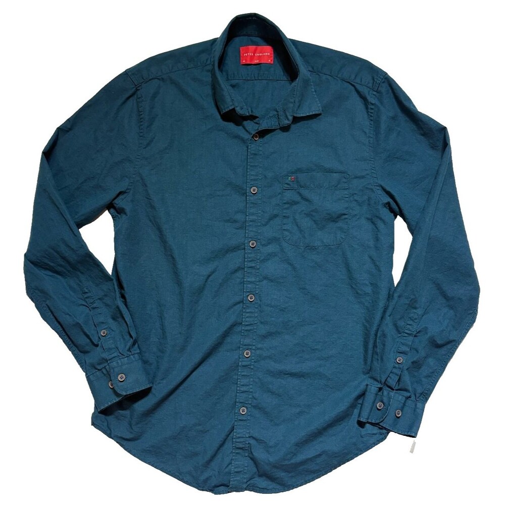 Peter England Mens Long Sleeve Linen Blend Button Down Casual Shirt Teal XL